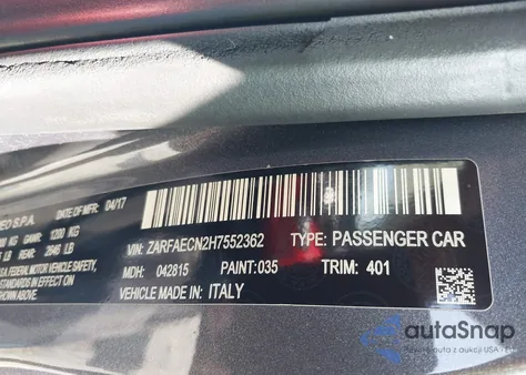 2017 Alfa Romeo Giulia Ti Rwd from USA, damaged, VIN ZARFAECN2H7552362